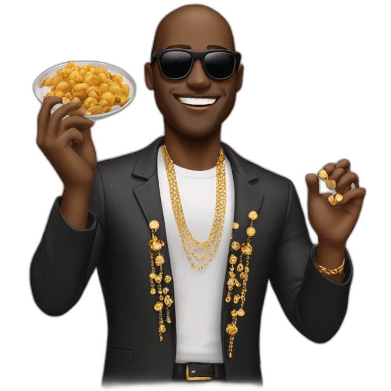 A black man waving with gold jewelry and sunglasses while eating chicken emoji