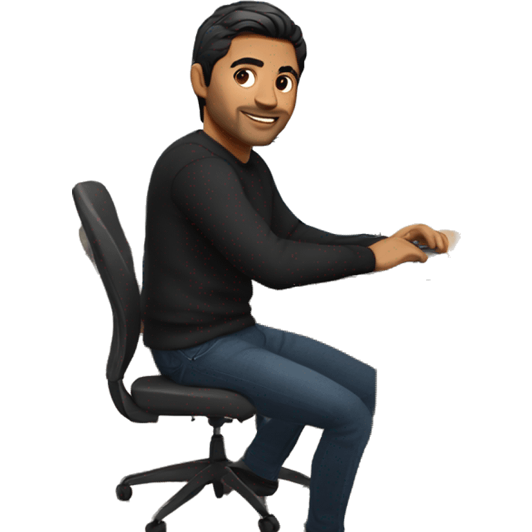     memoji of a man with a laptop in front, apple-style,modern,dark hair,black sweater,computer in hand, indian brown skin, sitting on his desk emoji