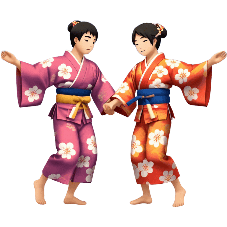 Cinematic Realistic scene of two performers engaging in Bon Odori, dressed in traditional yukata with intricate summer patterns, captured in graceful, rhythmic motion with warm, festive lighting emoji