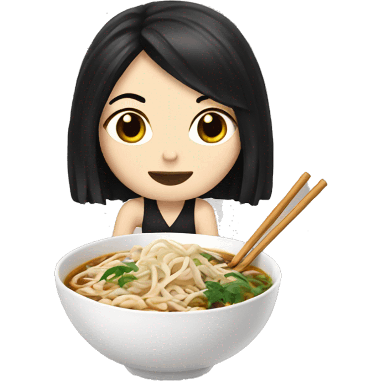 White girl with black hair eating pho/noodles emoji