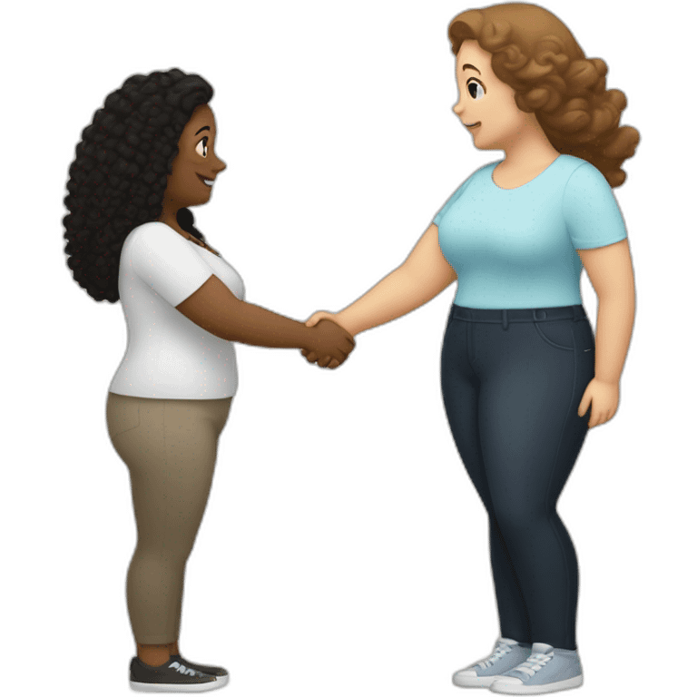 tan chubby woman with black curly hair shakes hands with a chubby pale woman who has straight light brown hair emoji