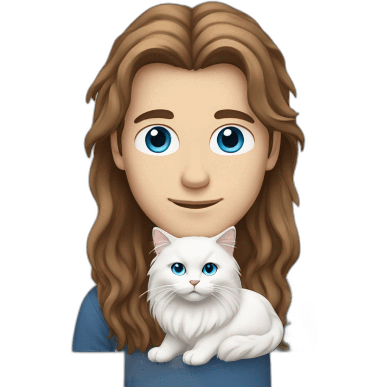 man with brown long hair and blue eyes holding a white Siberian cat emoji