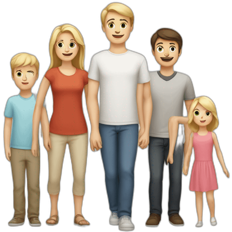 white family with 5 people, 1 blonde adult woman, 1 brunette adult male, 1 brunette male child, 1 brunette female child, 1 blonde male child emoji