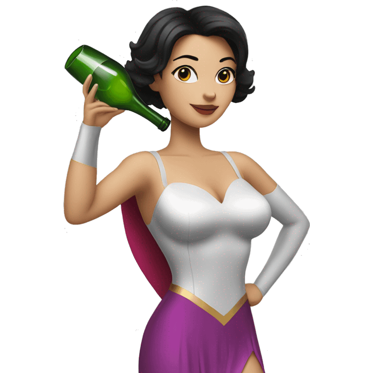 White working girl in a superwoman costume with black hair holding a champagne bottle emoji