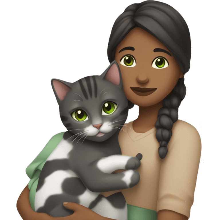 (one brownskin girl with brown eyes and black hair) cuddling (one gray tabby cat with green eyes) emoji