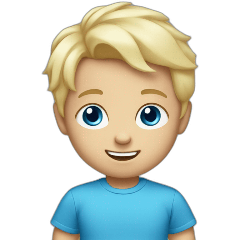 A baby boy with blonde hair, blue eyes and a blue t-shirt and with teeth emoji