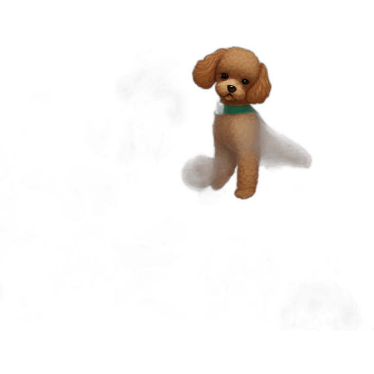 All Brown toy poodle with teddy bear haircut wearing dark blue harness and all white Maltese wearing dark green harness emoji