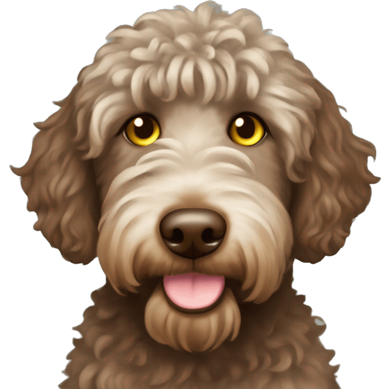 Chocolate and tan labradoodle with yellow-green eyes and hair in a bun on the top of head emoji