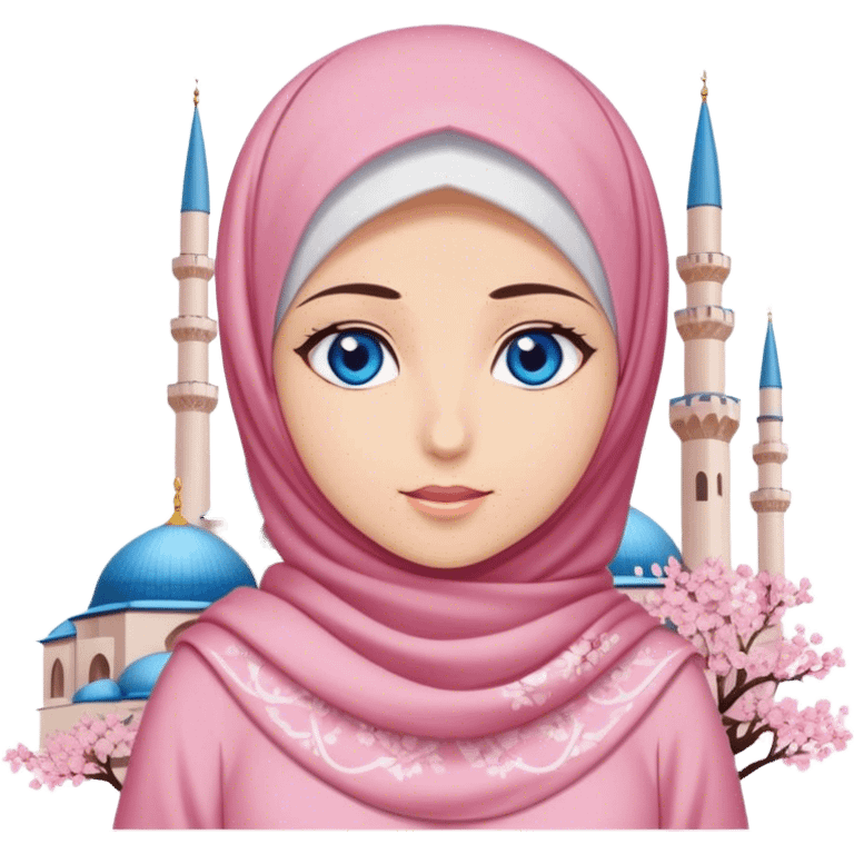 Turkish beautiful finish Konya girl blue eyes with hijab and cherry blossom dress on mosque emoji