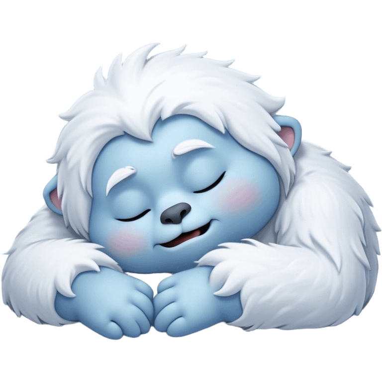 Meme-Worthy Cute Sleeping Yeti Portrait Emoji, with a charming, fluffy, snow-dusted figure in gentle whites and cool blues, head resting in blissful, serene slumber with closed, peaceful eyes and a small, contented smile, simplified yet irresistibly adorable, highly detailed with a soft frosty outline that captures the tender drowsiness of a yeti drifting into snowy dreams! emoji