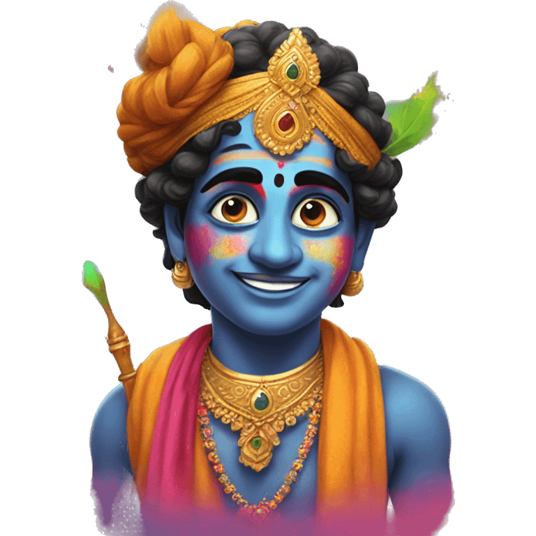 Krishna in holi with gulal on his face and mor pank on his head emoji