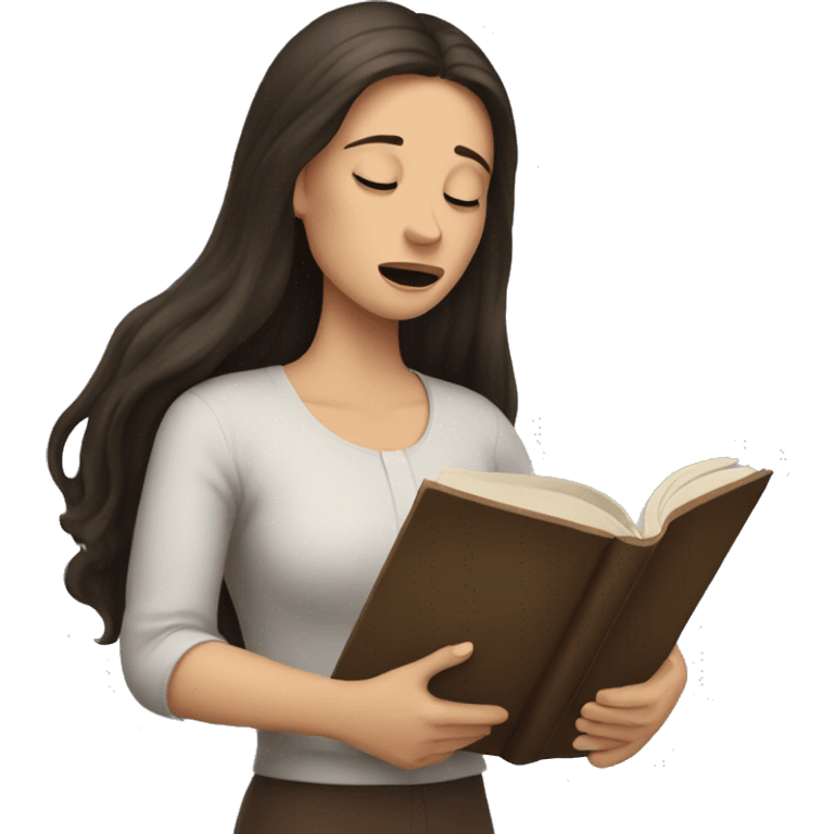 brunette long hair woman crying while holding and reading book emoji