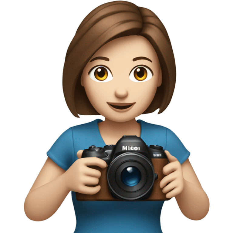 Portrait of stylish woman with blue eyes and brown bob hair holding a nikon camera￼ in hands emoji