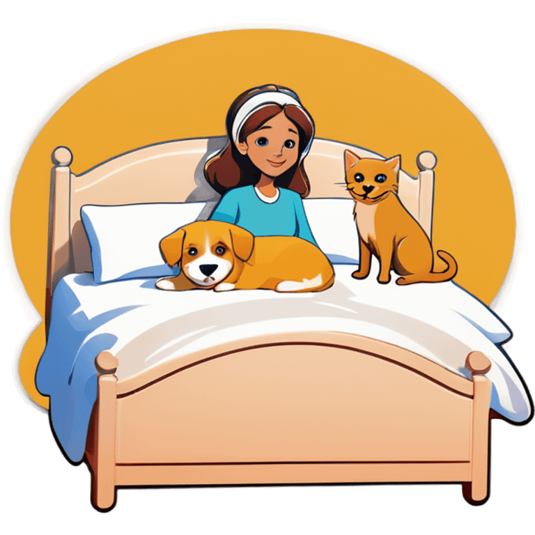 Woman in bed with two cats and a golden retriever emoji