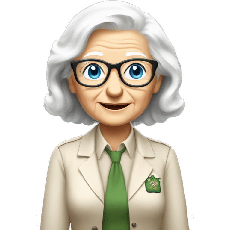 old white lady from ireland with blue-eyes, black-glasses white hair, and dresses like biologist (like, she only wears khaki short sleeve button down shirt and a khaki pants)  emoji