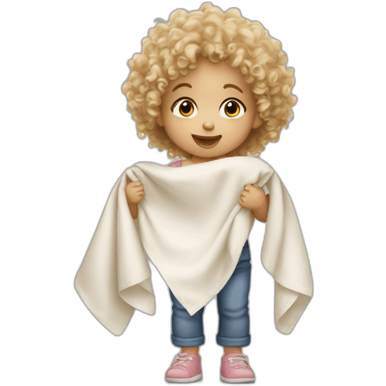 Curly haired blonde toddler holding muslin cloth for comfort emoji