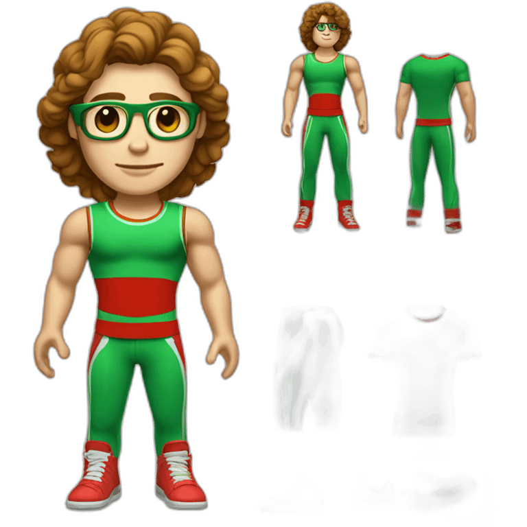 retro 70s red and green gym clothes for a modern white brunette uni male student with glass emoji