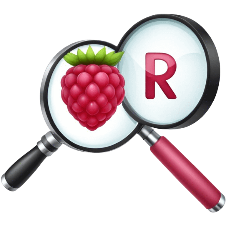 A raspberry R letter holds a magnifier emoji