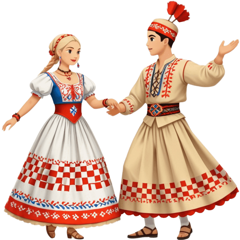 Cinematic Realistic scene of two performers engaging in the Croatian Linđo folk dance, adorned in vibrant traditional costumes with intricate patterns and accessories, captured in graceful, synchronized motion under festive natural lighting. emoji