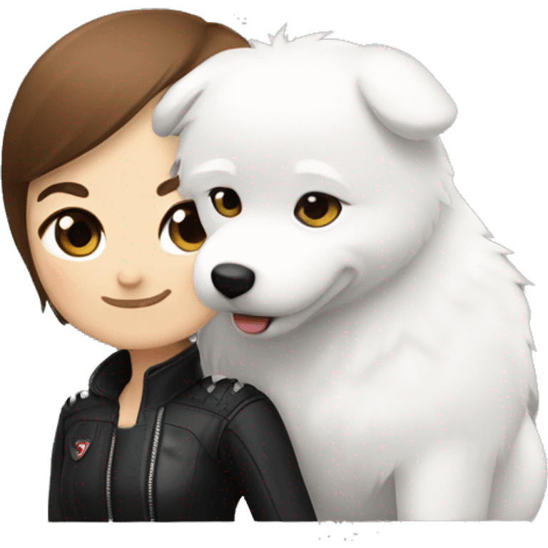 Girl biker white skin and brown short hair with a agv black helmet hugging a white Samoyed emoji