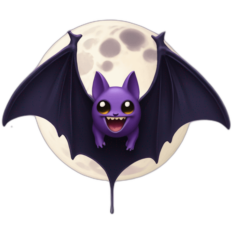 purple black vampire bat wings flying in front of large dripping crescent moon emoji