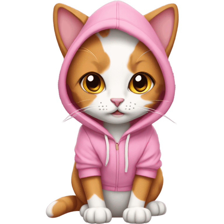 A calico cat wearing a pink hoodie emoji