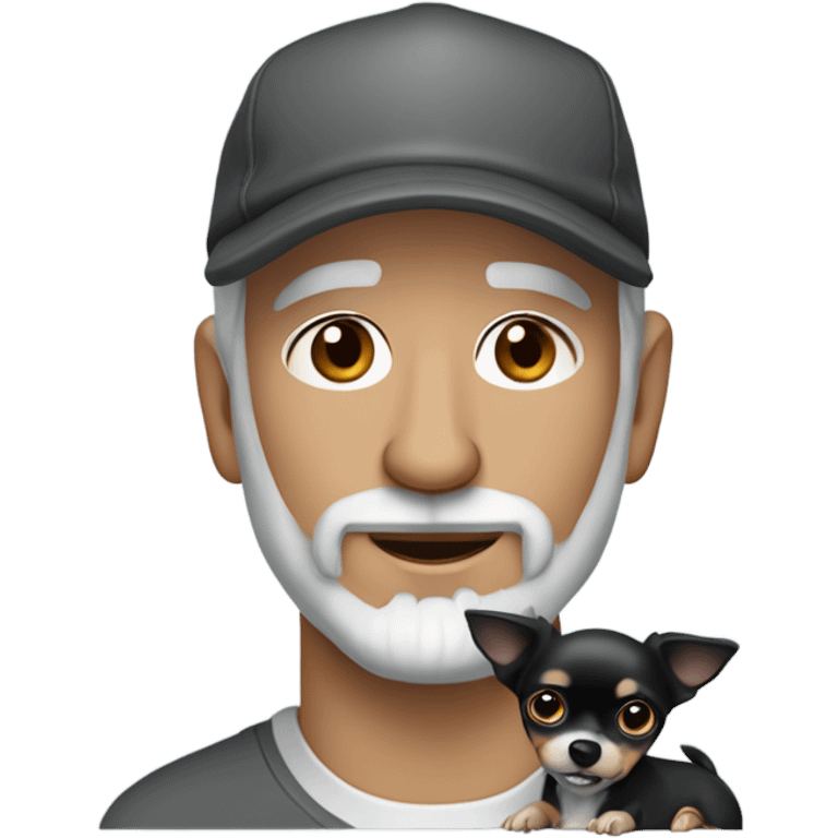 Older man blue eyes gray hair gray goatee in ball cap holding black longhair chihuahua  emoji