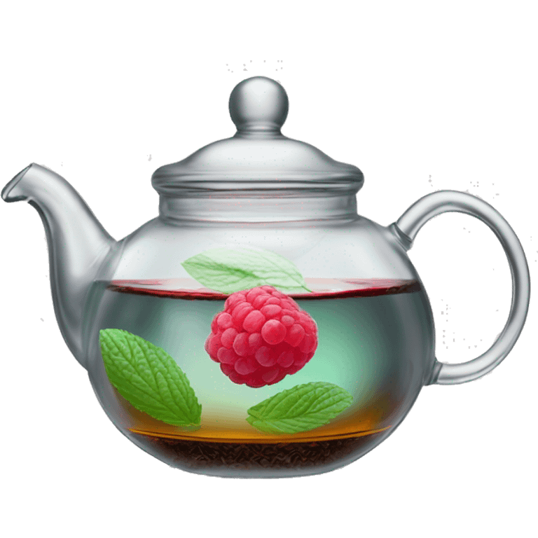 transparent glass teapot for tea brewing, inside of which is black tea with raspberries, lemon and mint and cinnamon emoji