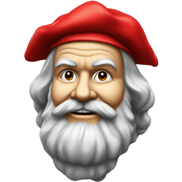 A smiling Karl Marx head wearing a red jester cap. emoji