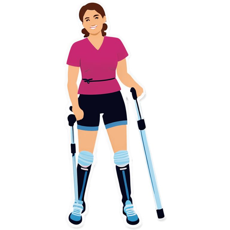 40 year old woman with brace on right knee and crutches emoji