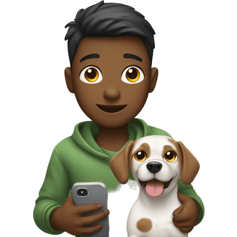 boy holding dog and phone emoji