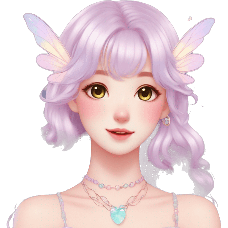 Gorgeous pastel anime style lady with blushing face and fairy wings necklace cottagecore fairycore pastelcore colorful pearly romantic simplistic aesthetic trending style emoji