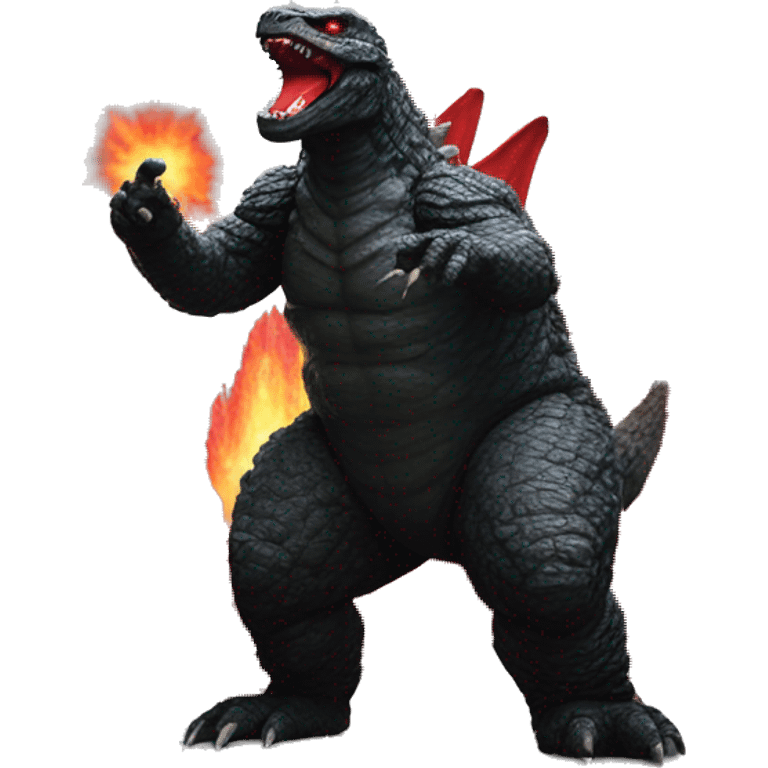 Godzilla with red cristals on his back while shooting out red Layer emoji