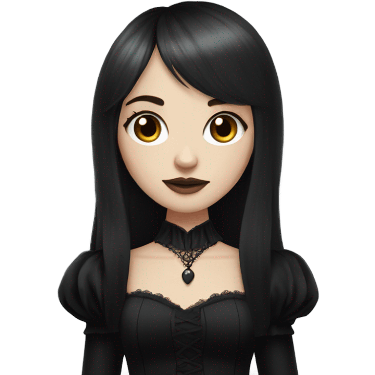 one white girl, gothic girl wearing long big bell arms, black dress, long hair with bangs, long dress emoji