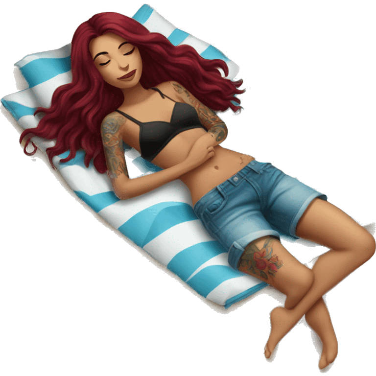 Beautiful tattooed burgundy long haired woman laying on the beach emoji