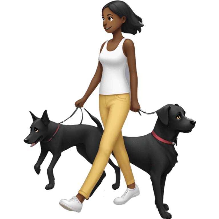 Girl walk with a black dog with white Chest emoji