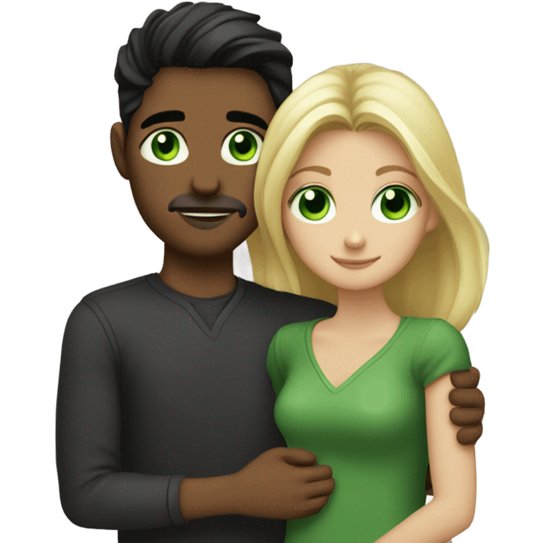 Blonde haired green eyed girl being hugged by a dark hair dark eyed guy with a little facial hair  emoji