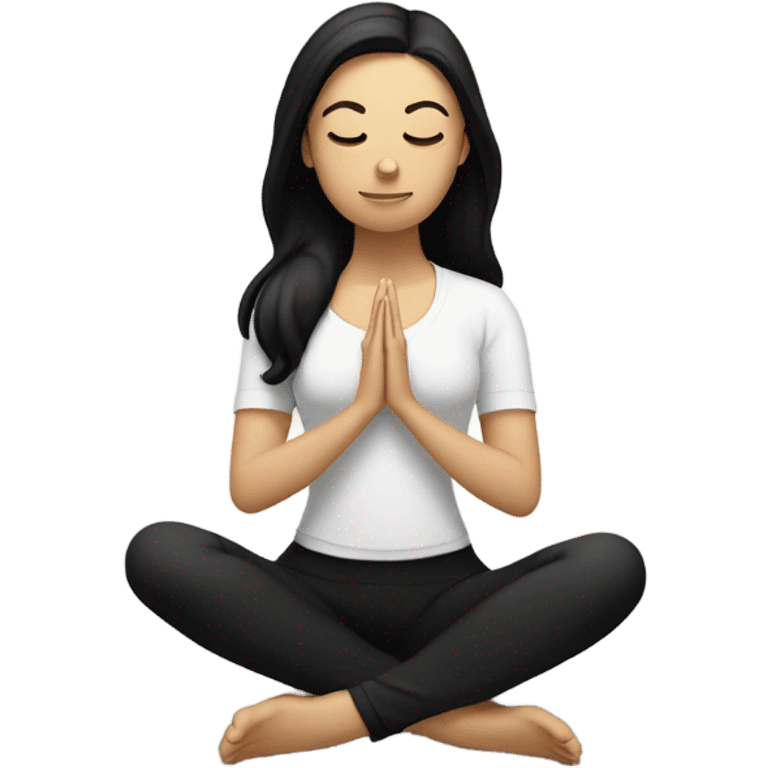 White girl with black hair meditating in butter top and black leggings emoji