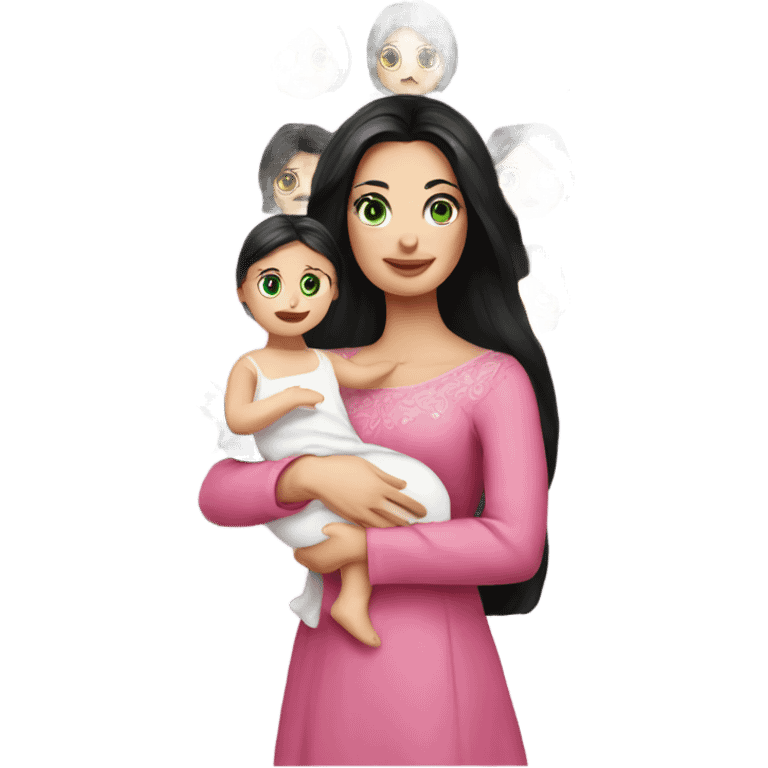 Beautiful Russian lady with green eyes and very long black hair pink clothes with baby  emoji