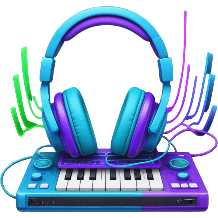 Create a creative and technical emoji that represents sound design. The design should feature a soundwave, a pair of studio headphones, and an audio synthesizer or soundboard to symbolize the manipulation and creation of unique soundscapes. Add subtle elements like audio cables, a mixing console, or a waveform to reflect the technical aspect of sound design. Use vibrant, futuristic colors like neon blue, purple, and green to represent innovation and creativity in sound. The background should be transparent. emoji