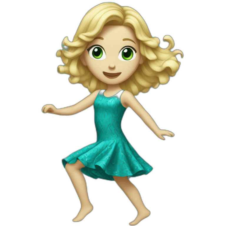 slim blonde wavy long hair girl dancing in teal pattern dress emoji