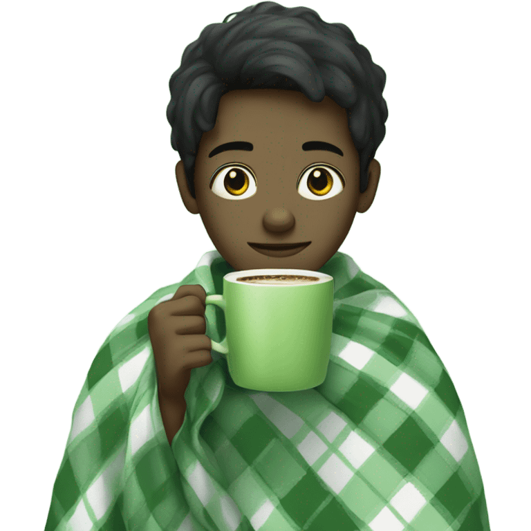 black hair boy wrapped in pastel green plaid blanket drinking coffee emoji