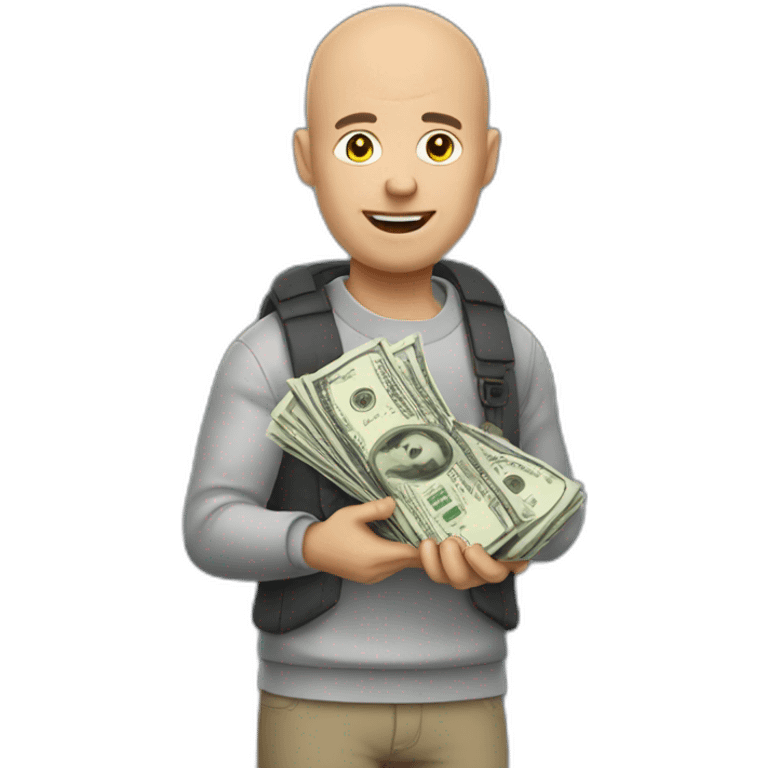 a bald guy holding a $ moneybag emoji