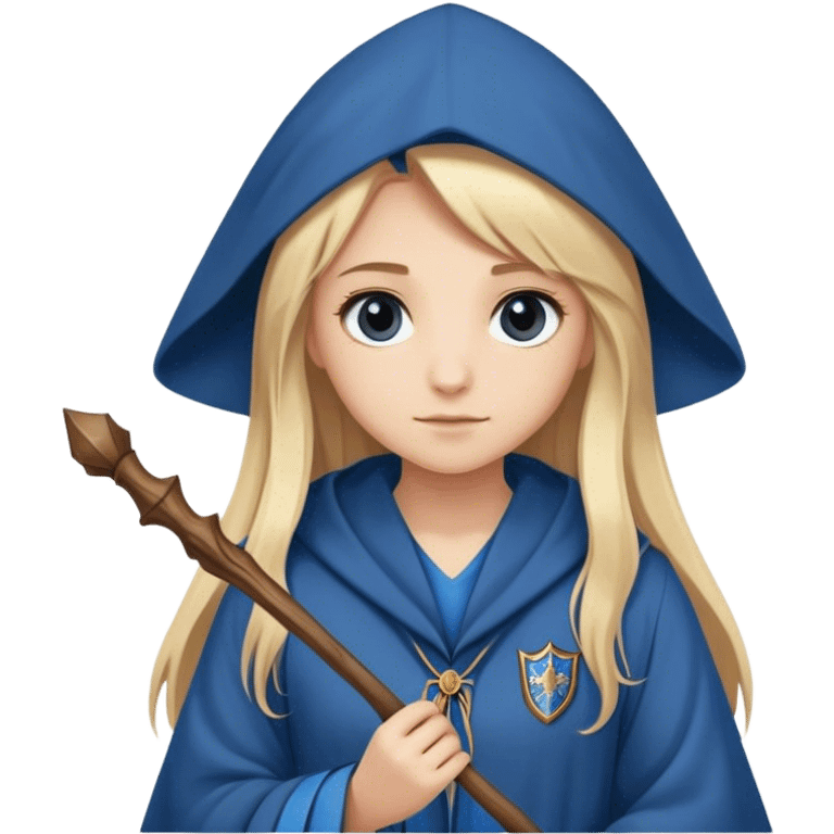 Girl with Long straight light blond hair with a ravenclaw Robe and a wooden small wand emoji