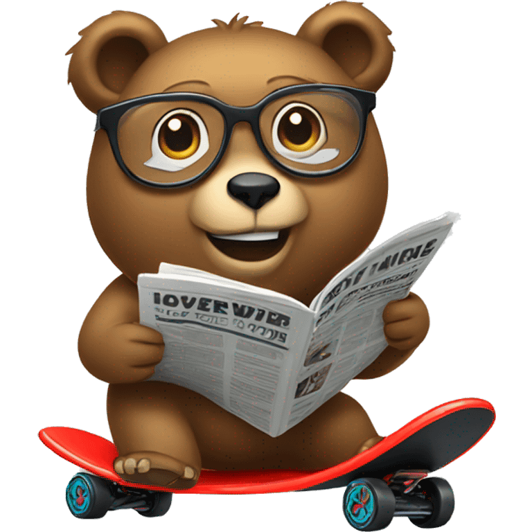 Bear riding a hoverboard while wearing glasses and reading a newspaper. emoji