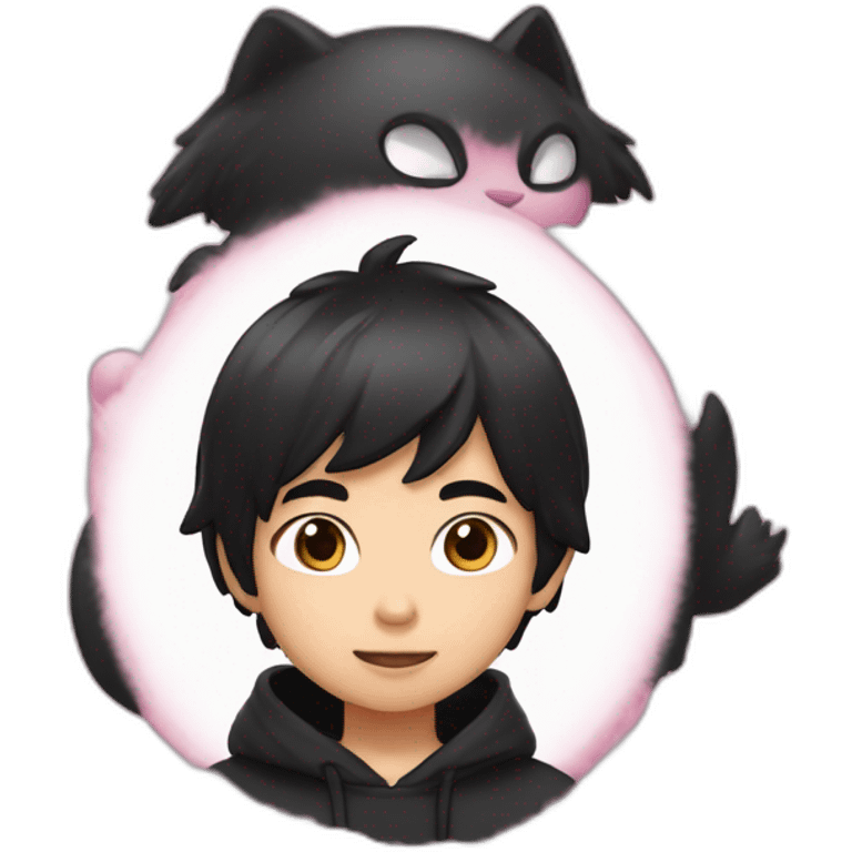 Asian boy, with fluffy black hair wearing a black hoodie with “ねこ” in pink lettering emoji