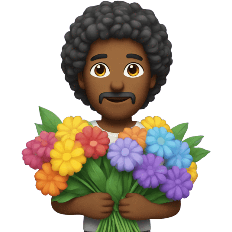 white guy with fluffy hair holding bouquet of flowers  emoji