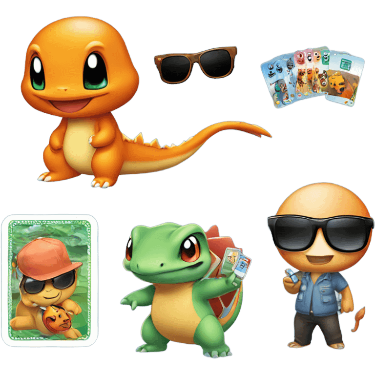 Emoji with sunglasses holding a nintendo switch on one and and on the other hand a charmander Pokemon card, sqirtle Pokemon card, and a bulbasaur Pokemon card. emoji