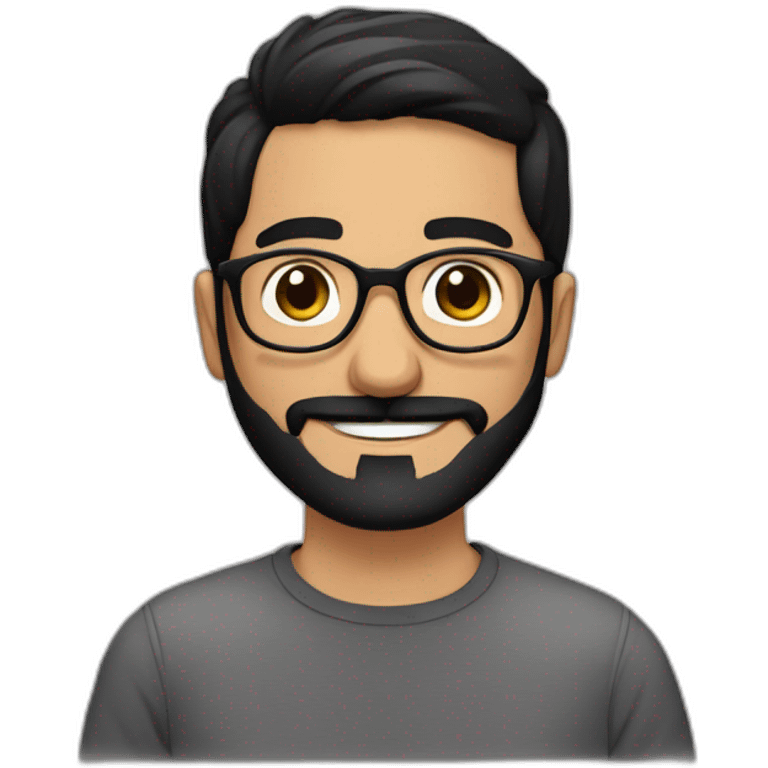 Arabic man, short black hair, round hipster glasses, dark beard and mustash, round-ish face, brown eyes, beautiful smile emoji