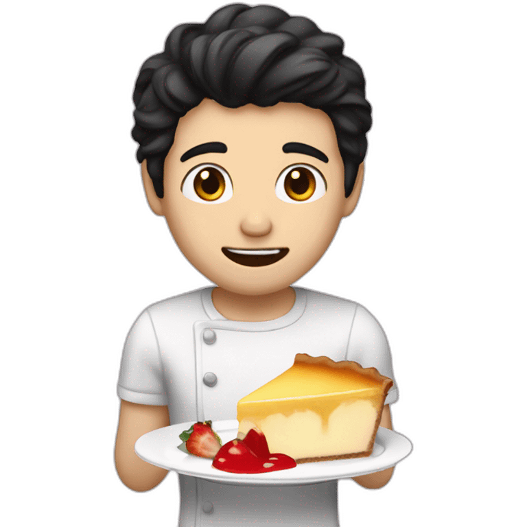 a guy whith black hair white skin eating a flan patissier emoji